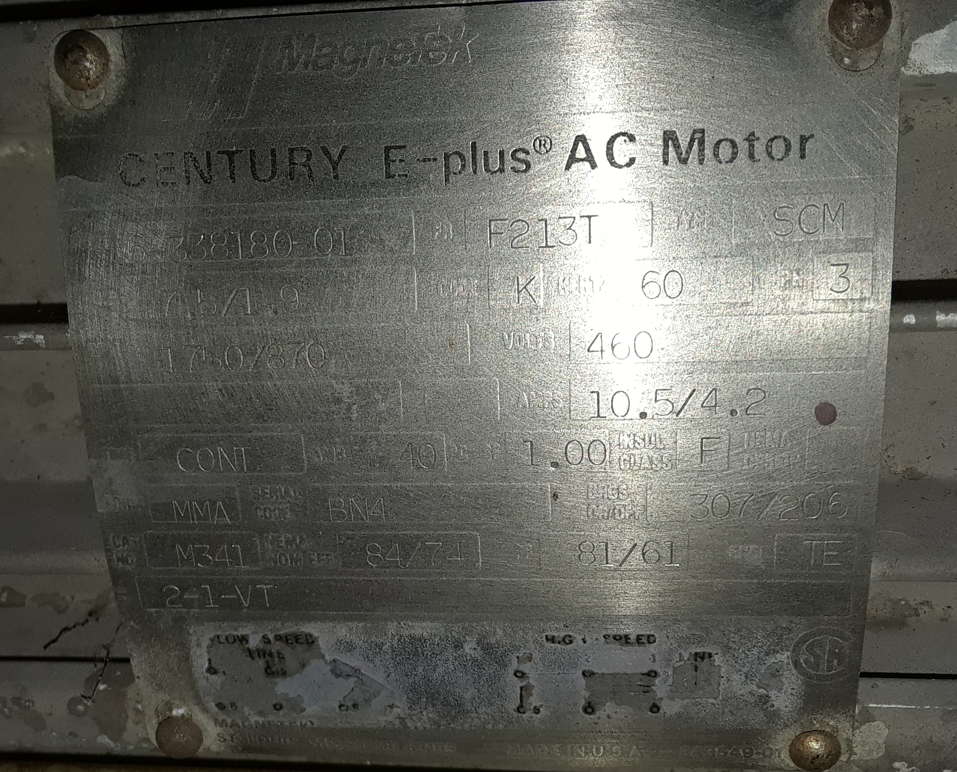 Century 7.5 HP F213T Frame Motor 1750 Rpm 3 Phase 460 Volts